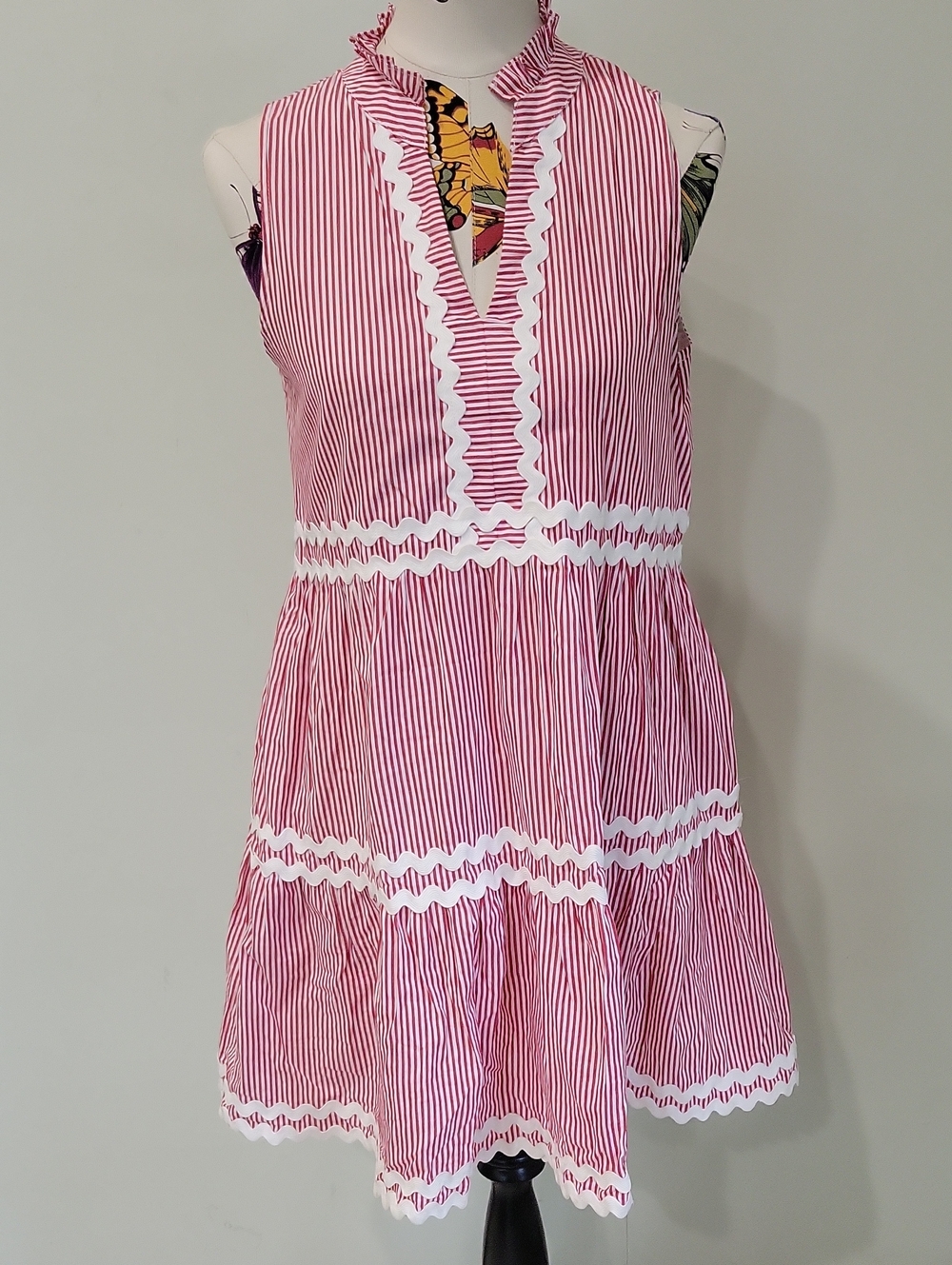 Red & White Striped Midi Dress With Ric Rack And Side Pockets, Lined, Size Small